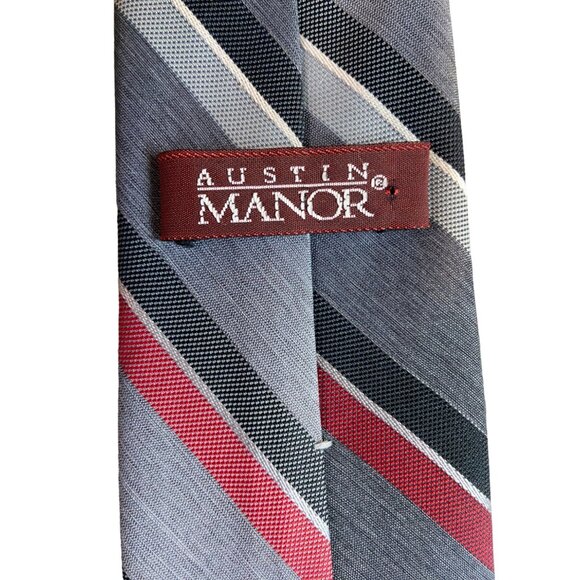 Austin Manor Mens Neck Tie Red Gray Black Stripe Work Dad Gift - Picture 6 of 6